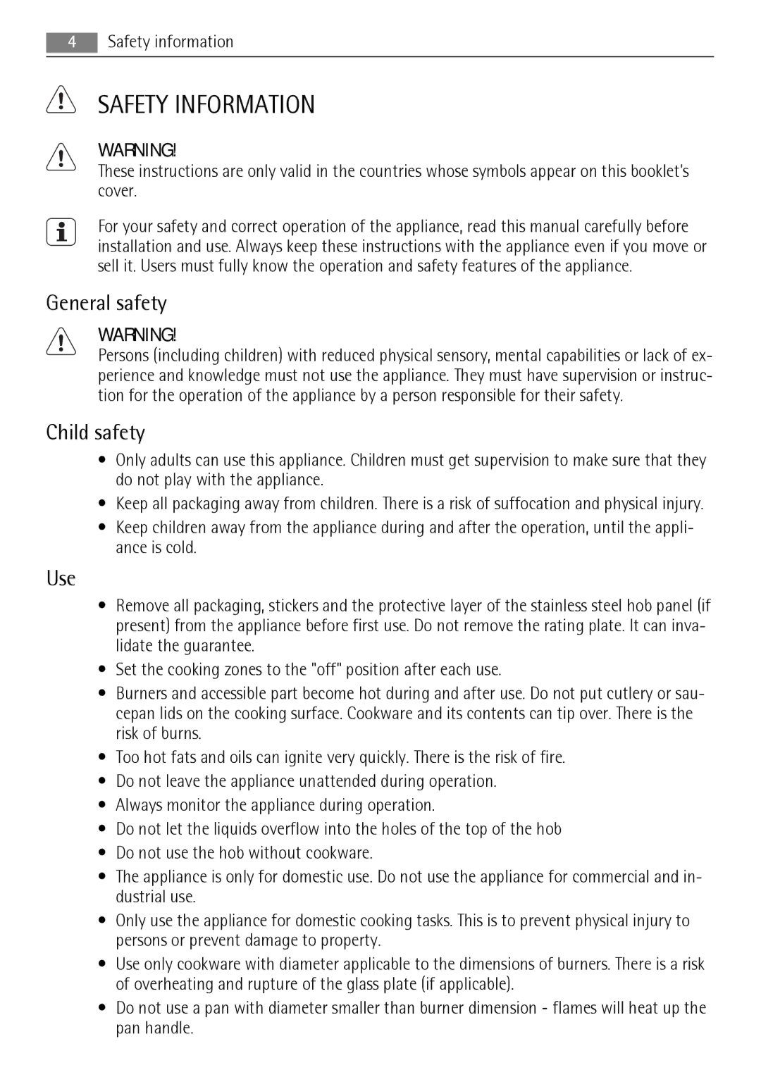 AEG HG654320NM user manual Safety Information, General safety, Child safety, Use 