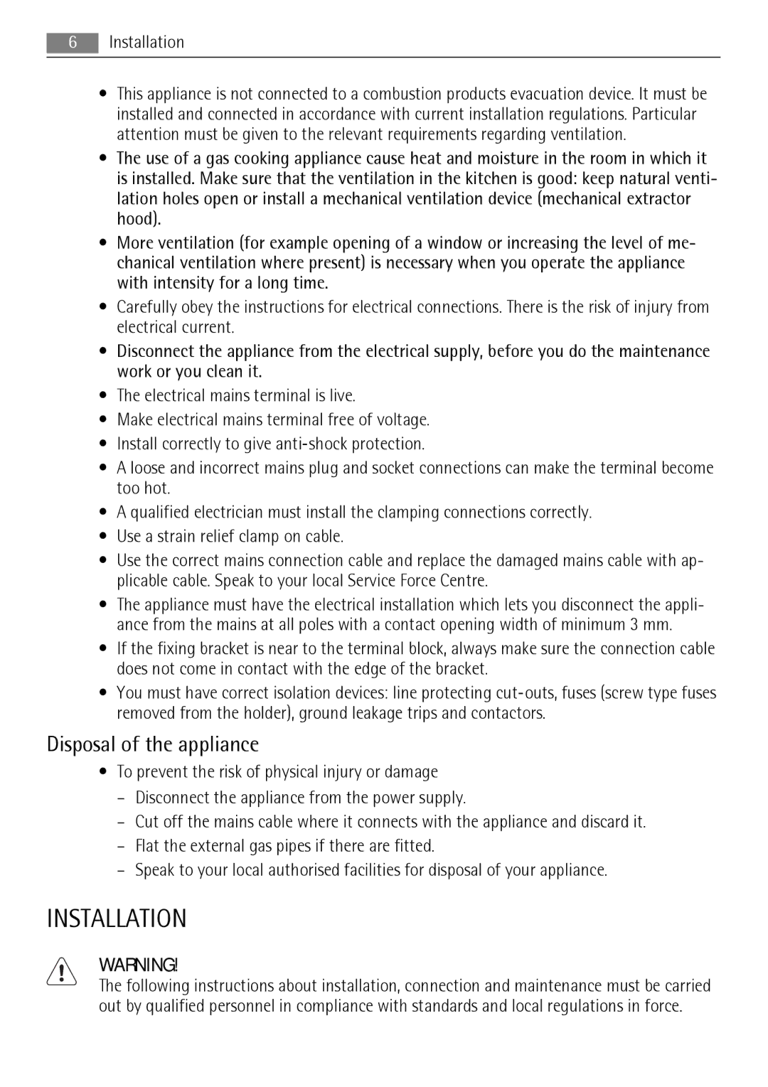 AEG HG654320NM user manual Installation, Disposal of the appliance 