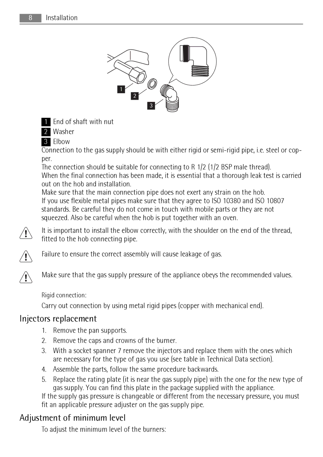 AEG HG654320NM user manual Injectors replacement, Adjustment of minimum level 