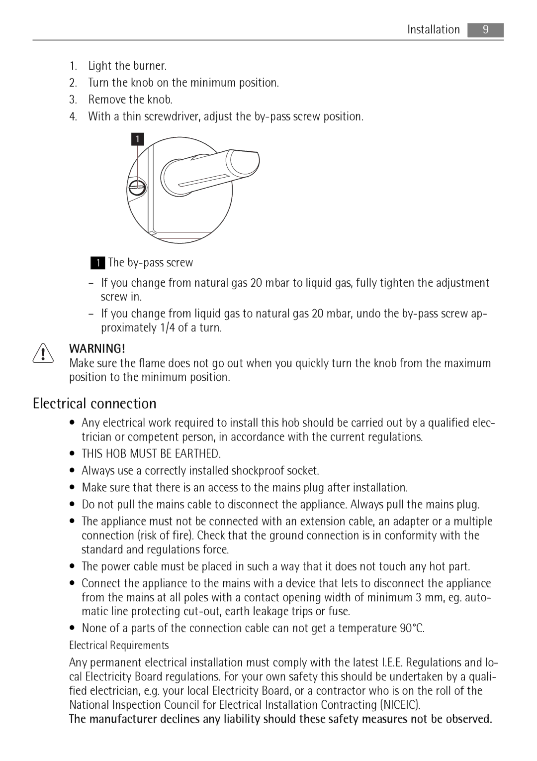 AEG HG654320NM user manual Electrical connection, This HOB Must be Earthed 