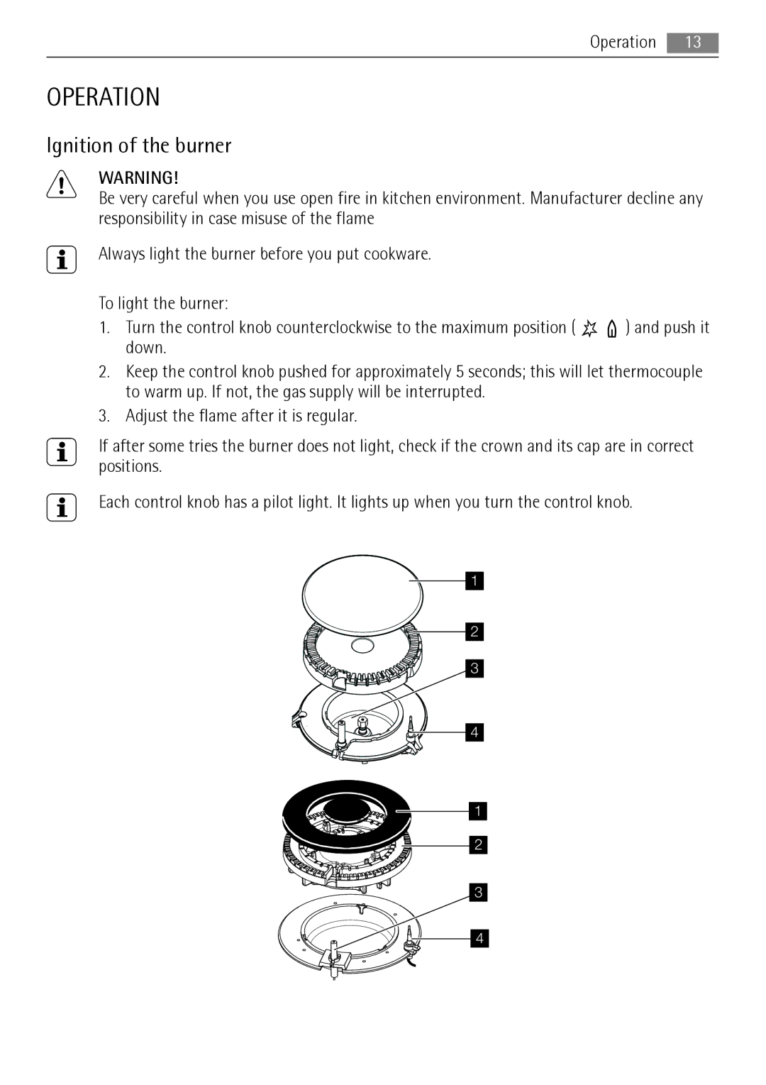 AEG HG654440SM user manual Operation, Ignition of the burner 