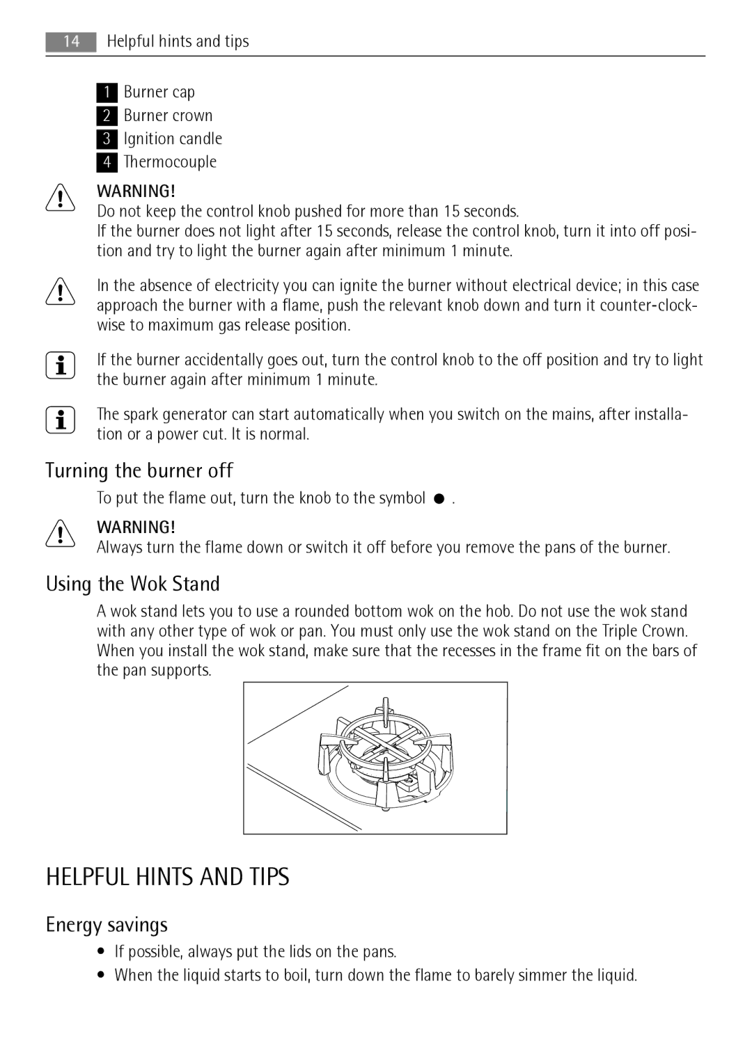 AEG HG654440SM user manual Helpful Hints and Tips, Turning the burner off, Using the Wok Stand, Energy savings 