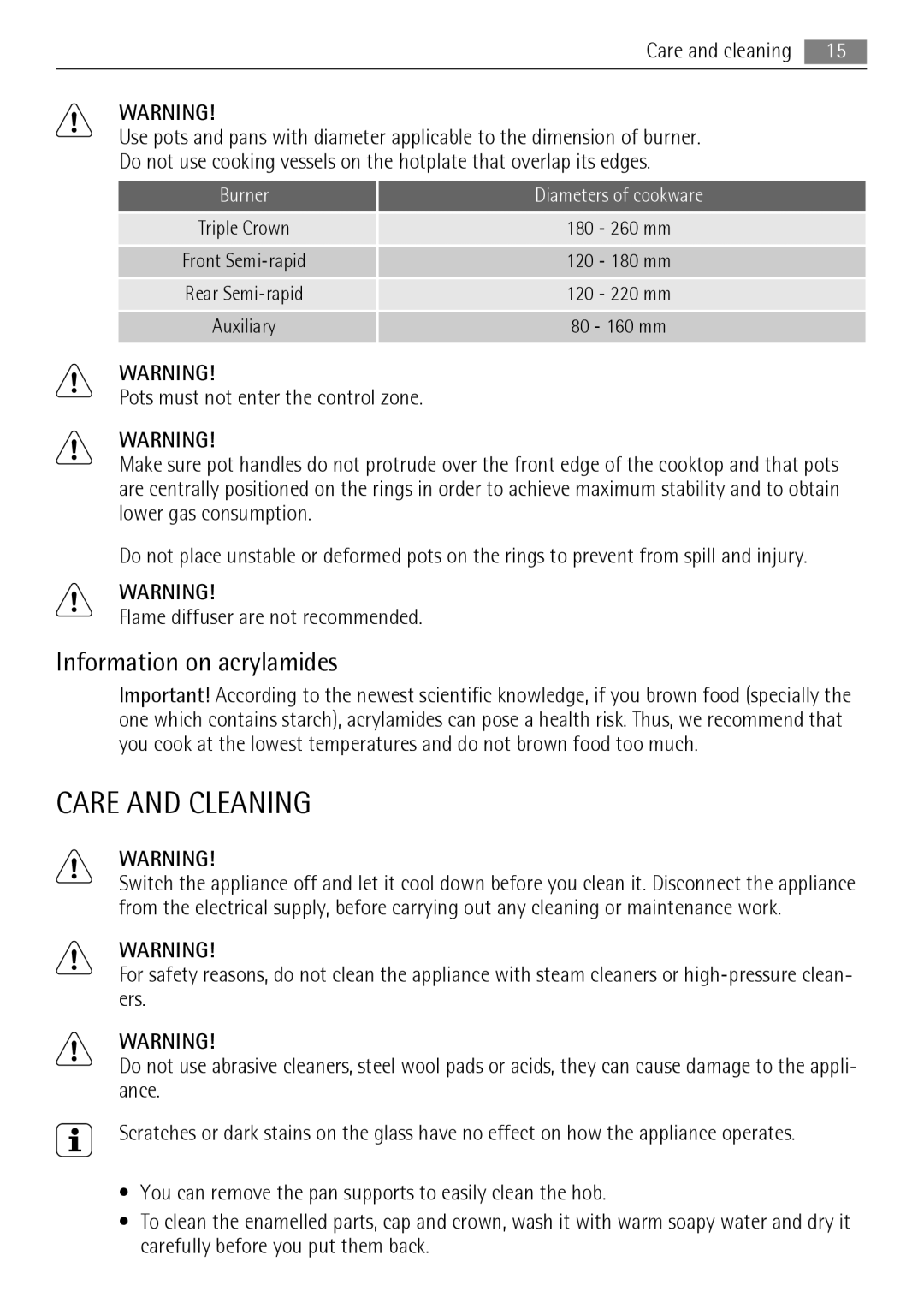 AEG HG654440SM user manual Care and Cleaning, Information on acrylamides 