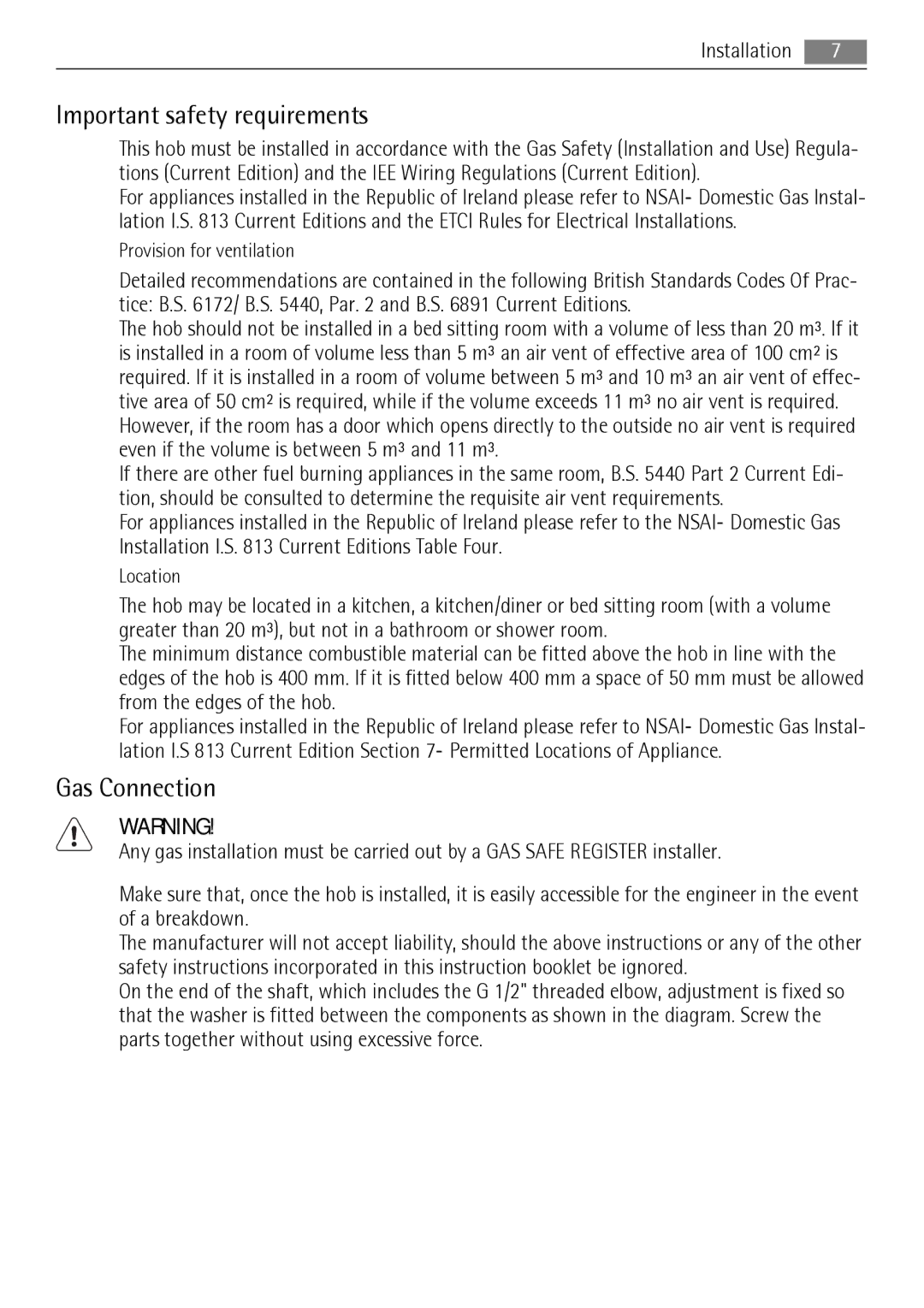 AEG HG654440SM user manual Important safety requirements, Gas Connection 