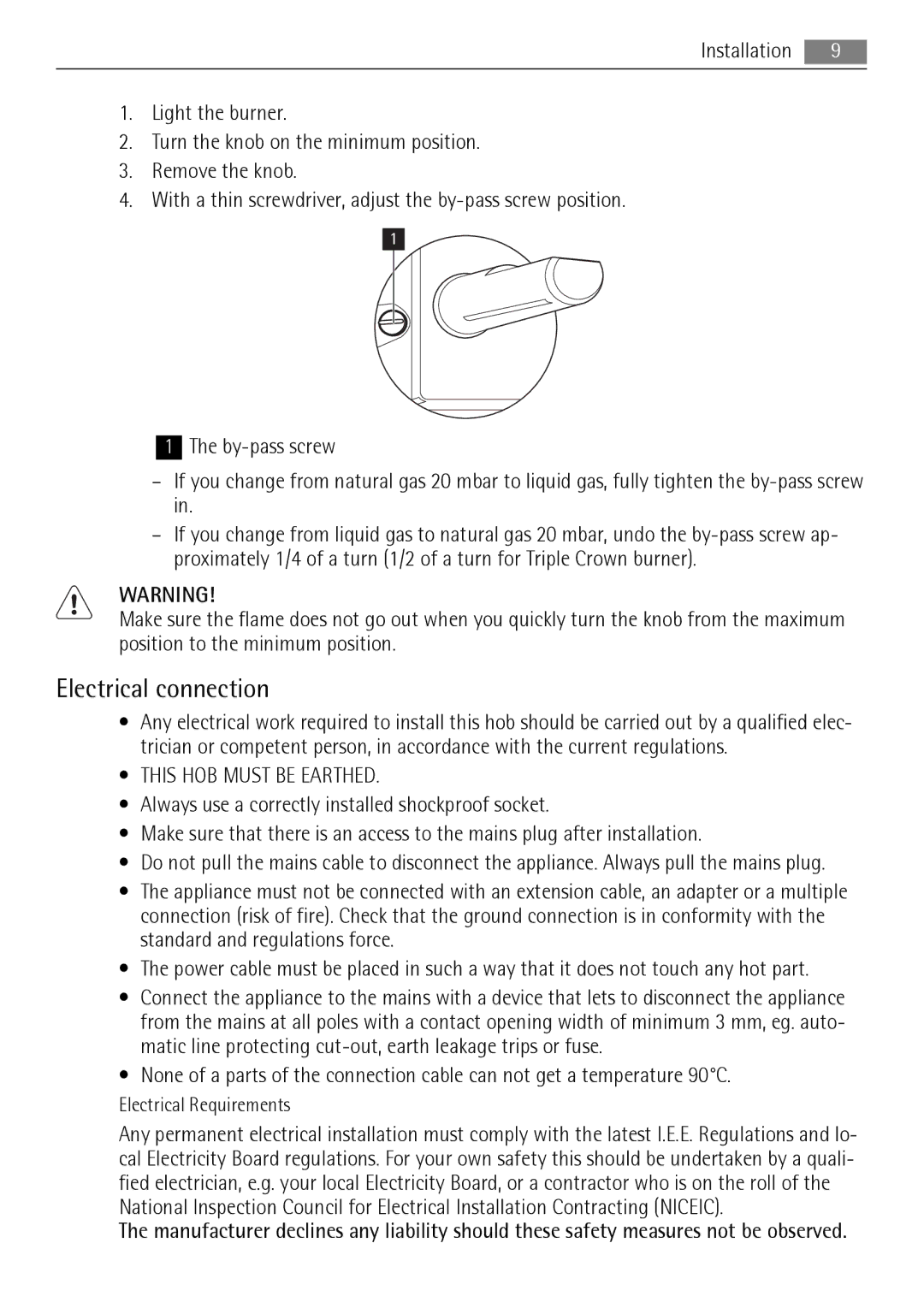 AEG HG654440SM user manual Electrical connection, This HOB Must be Earthed 