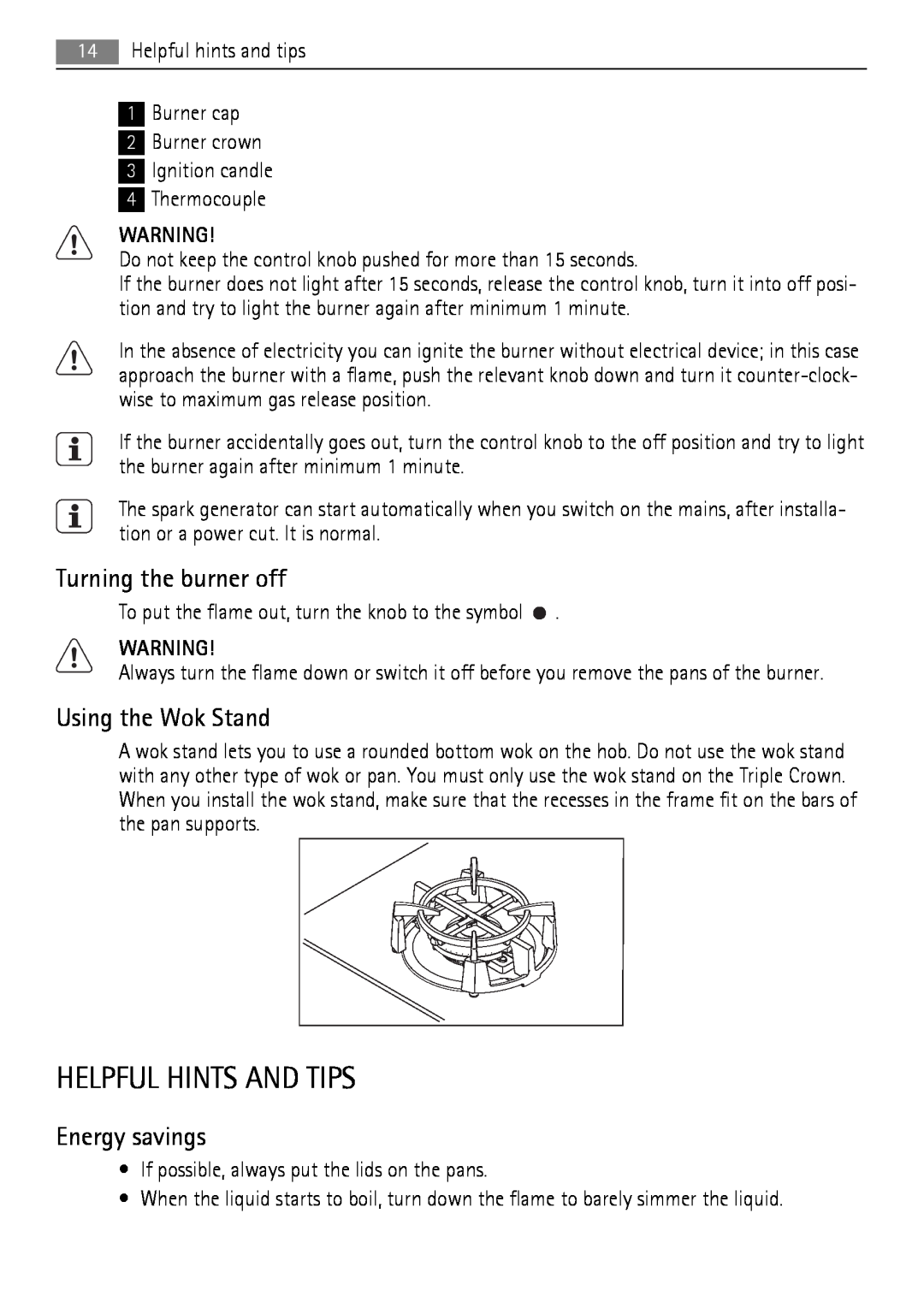 AEG HG654440SM user manual Helpful Hints And Tips, Turning the burner off, Using the Wok Stand, Energy savings 