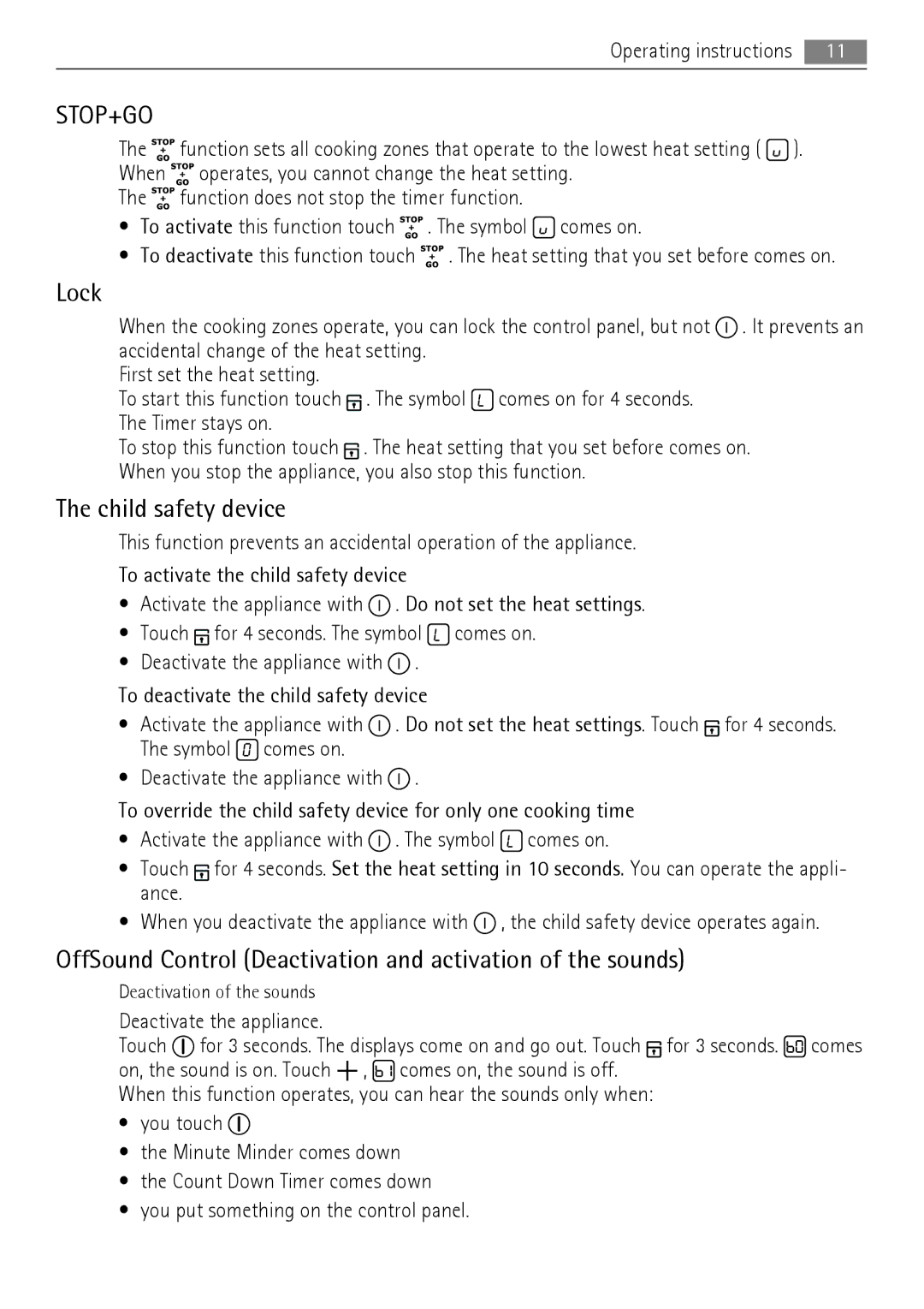 AEG HK654070XB user manual Lock, Child safety device, OffSound Control Deactivation and activation of the sounds 