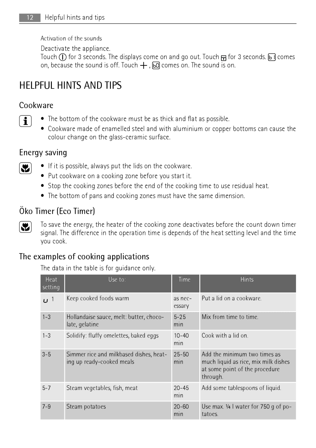 AEG HK654070XB Helpful Hints and Tips, Cookware, Energy saving, Öko Timer Eco Timer, Examples of cooking applications 