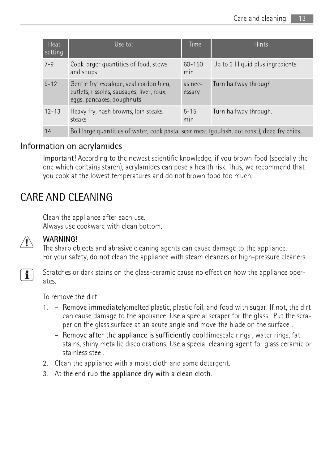 AEG HK654070XB user manual Care and Cleaning, Information on acrylamides 