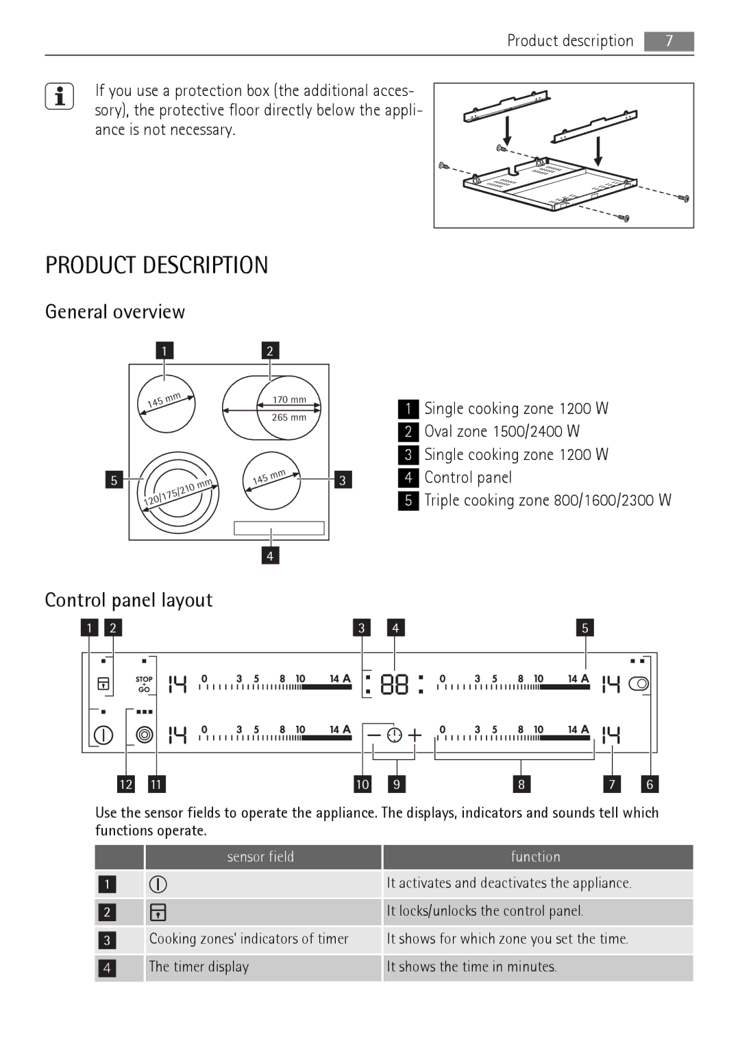 AEG HK654070XB user manual General overview, Control panel layout, Sensor field Function 