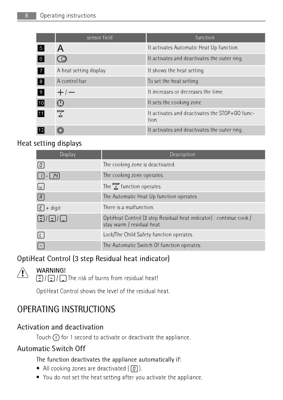 AEG HK654070XB user manual Operating Instructions, Heat setting displays, OptiHeat Control 3 step Residual heat indicator 