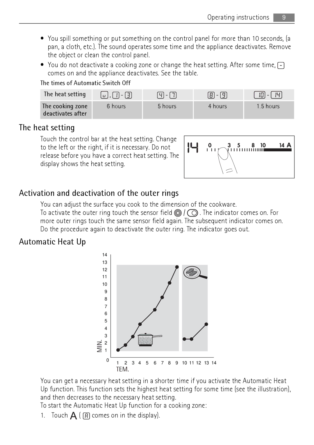 AEG HK654070XB user manual Heat setting, Activation and deactivation of the outer rings, Automatic Heat Up 