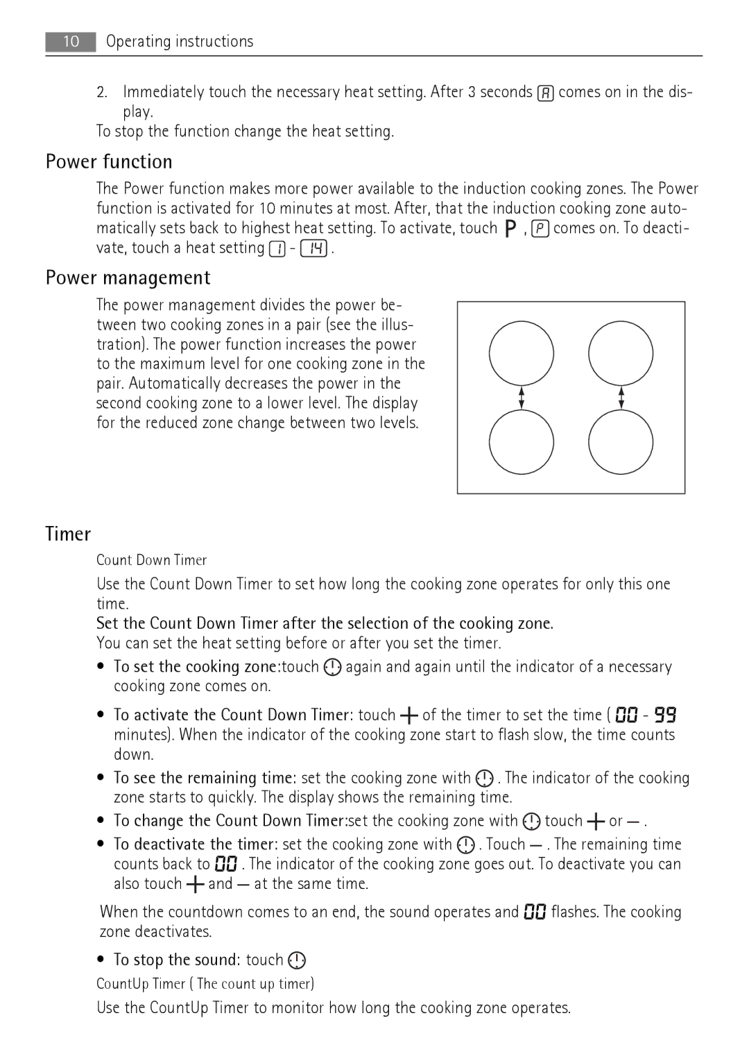 AEG HK654200FB user manual Power function, Power management, Timer 