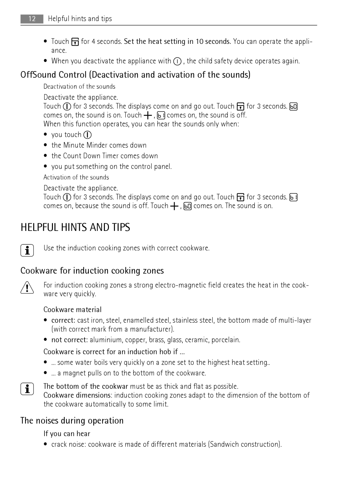 AEG HK654200FB Helpful Hints and Tips, OffSound Control Deactivation and activation of the sounds, Noises during operation 