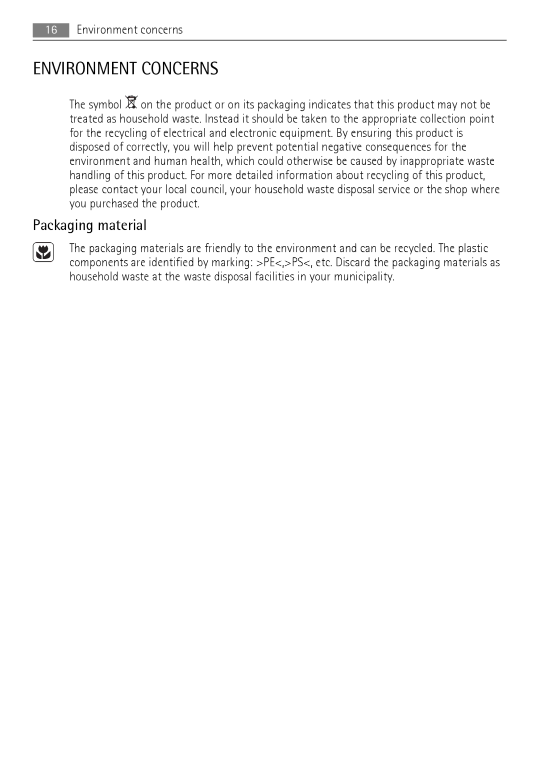 AEG HK654200FB user manual Environment Concerns, Packaging material 