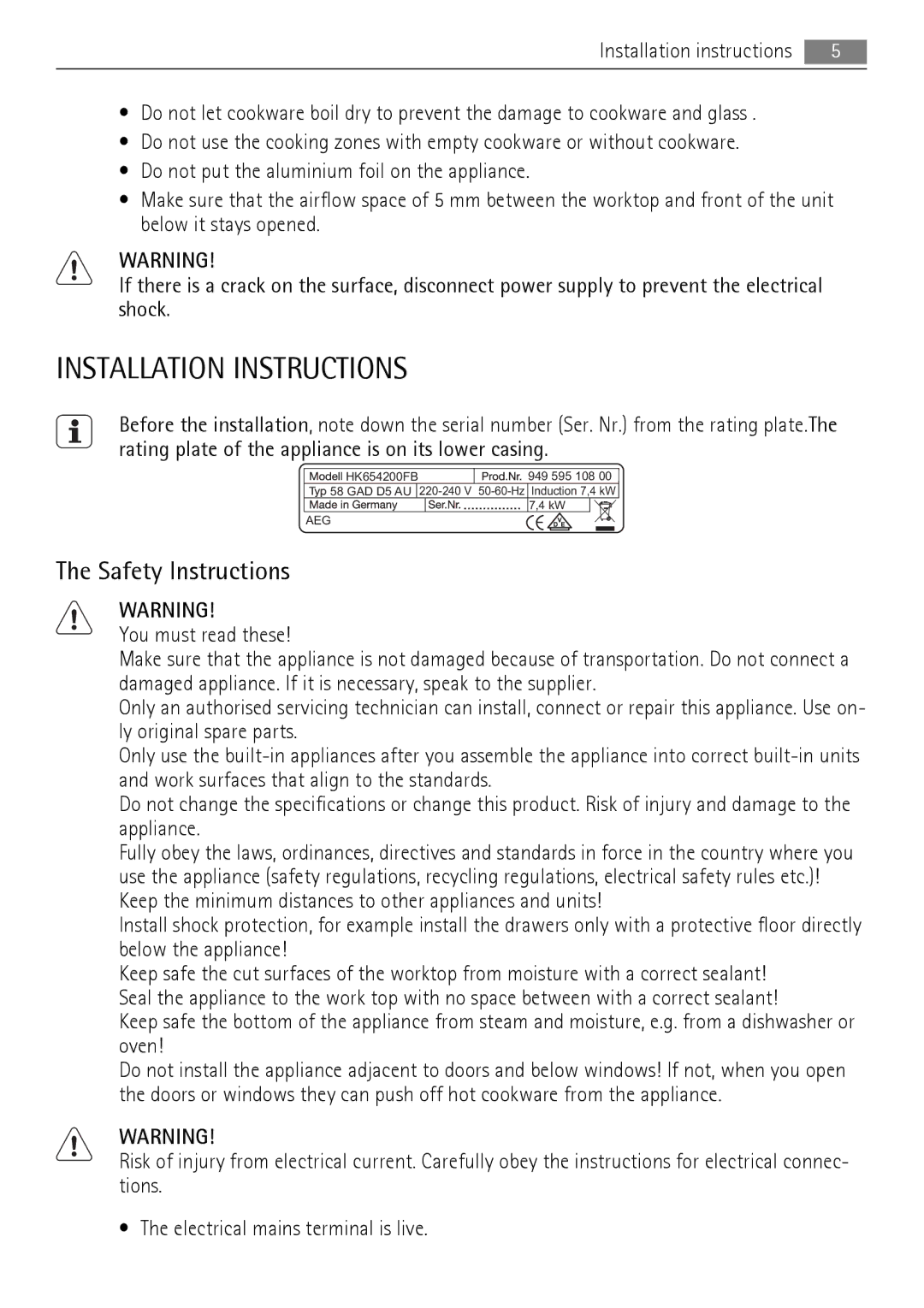 AEG HK654200FB user manual Installation Instructions, Safety Instructions 