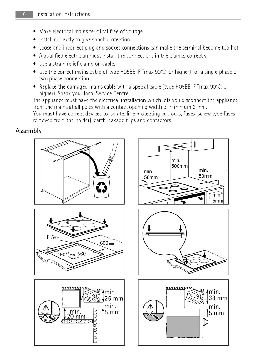 AEG HK654200FB user manual Min mm 20 mm 