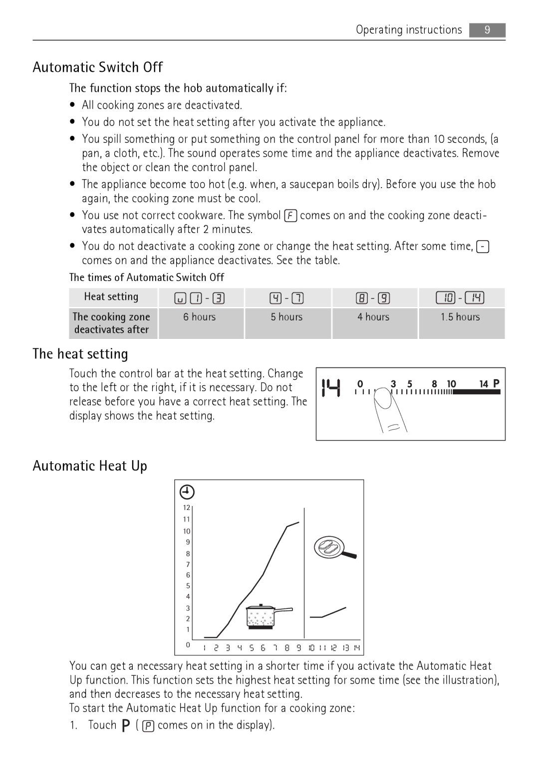 AEG HK654200FB user manual Automatic Switch Off, Heat setting, Automatic Heat Up 