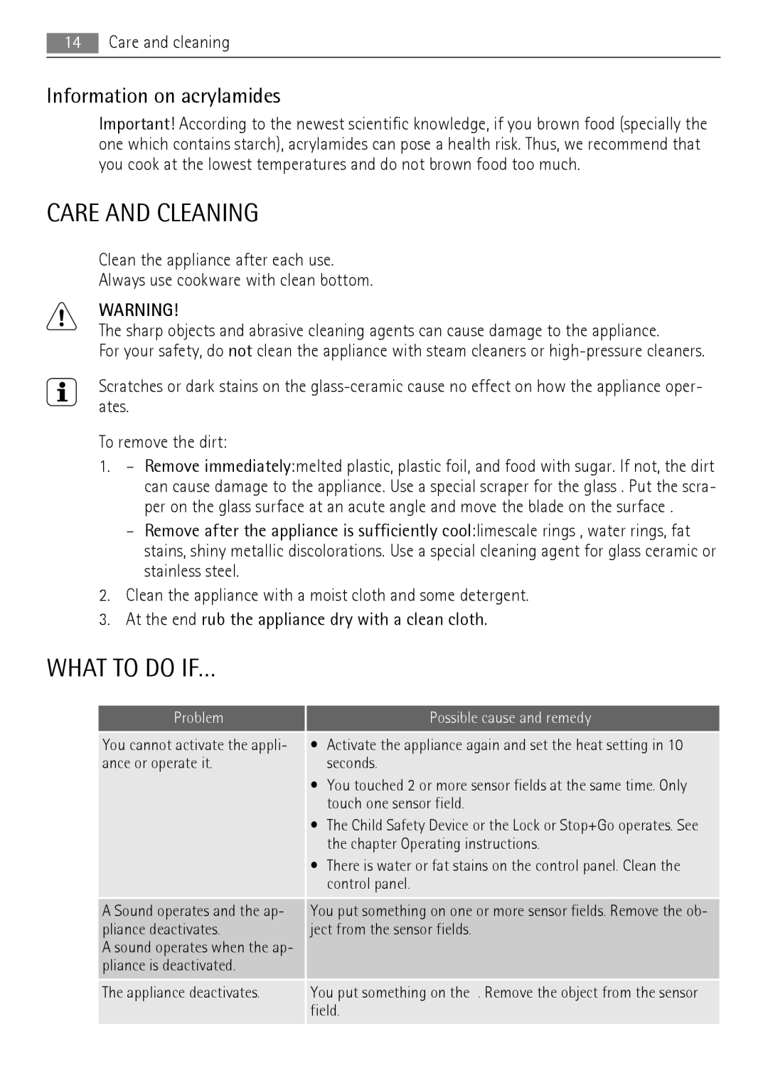 AEG HK654200FB user manual Care And Cleaning, What To Do If…, Information on acrylamides 