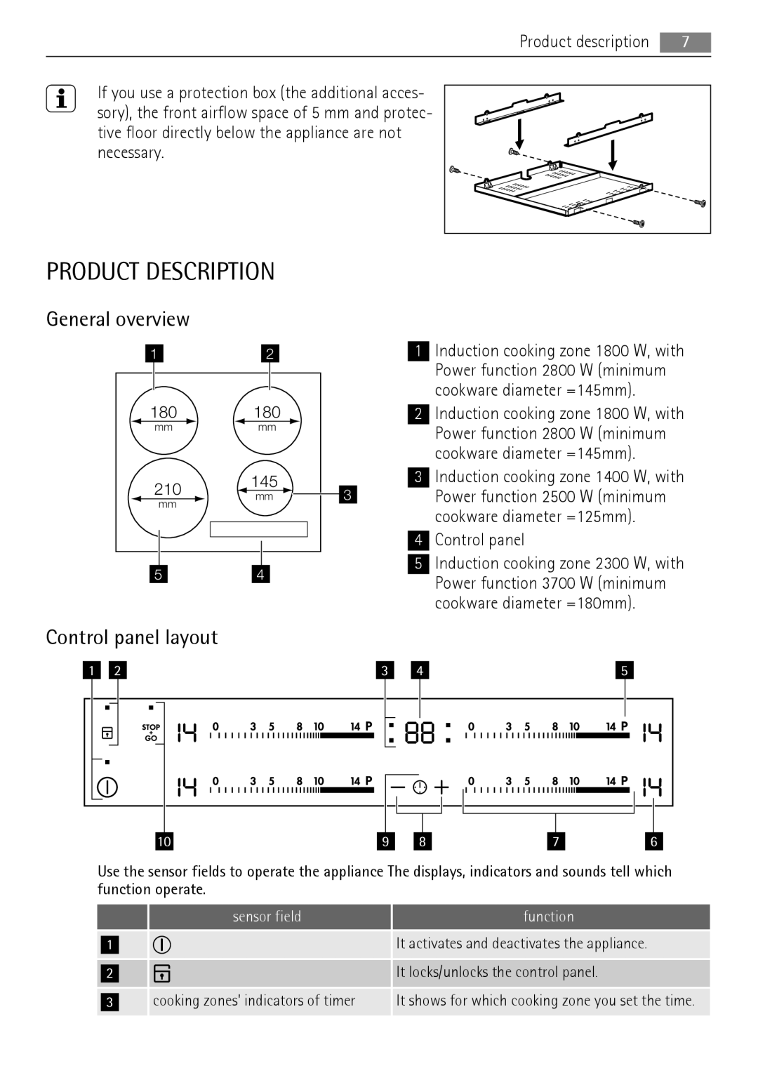 AEG HK654200FB user manual Product Description, General overview, Control panel layout, sensor field, function 