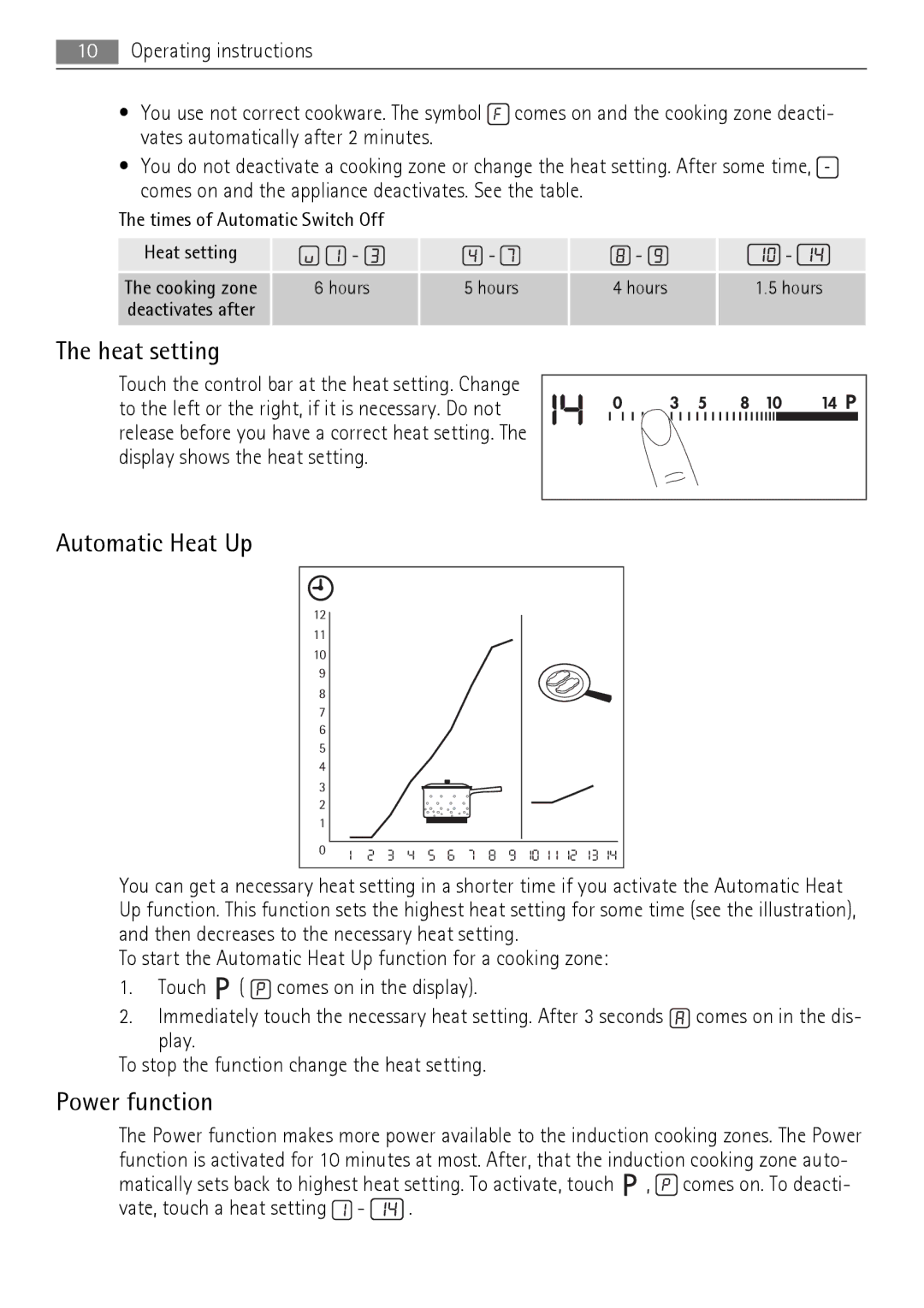 AEG HK654200IB user manual Heat setting, Automatic Heat Up, Power function, Vate, touch a heat setting 