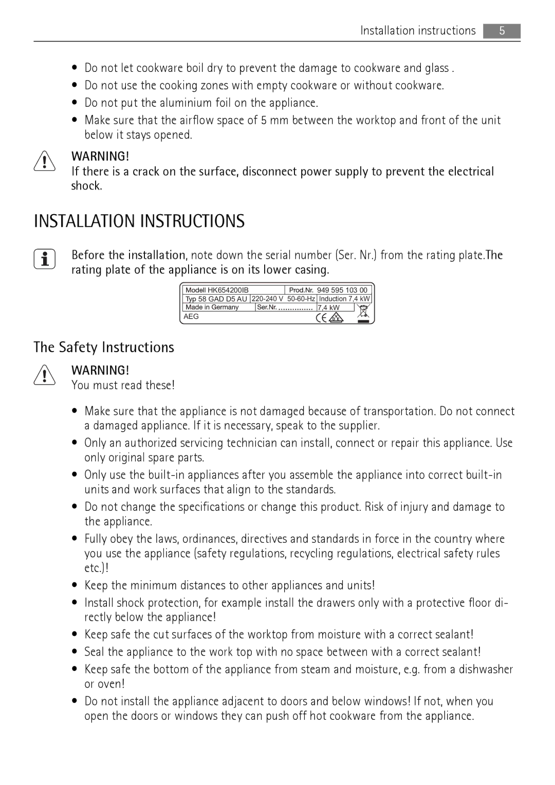 AEG HK654200IB user manual Installation Instructions, Safety Instructions 