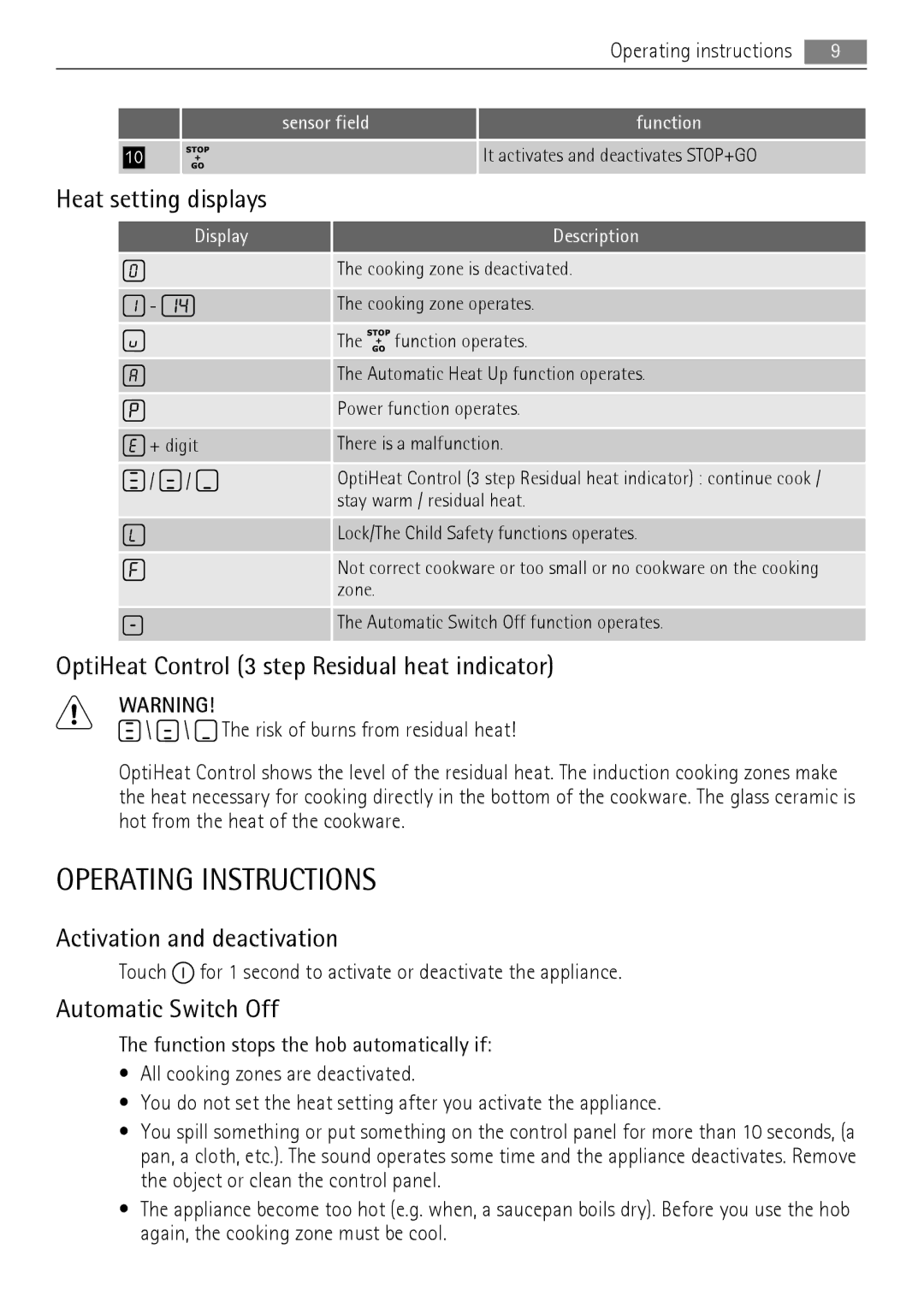 AEG HK654200IB user manual Operating Instructions, Heat setting displays, OptiHeat Control 3 step Residual heat indicator 