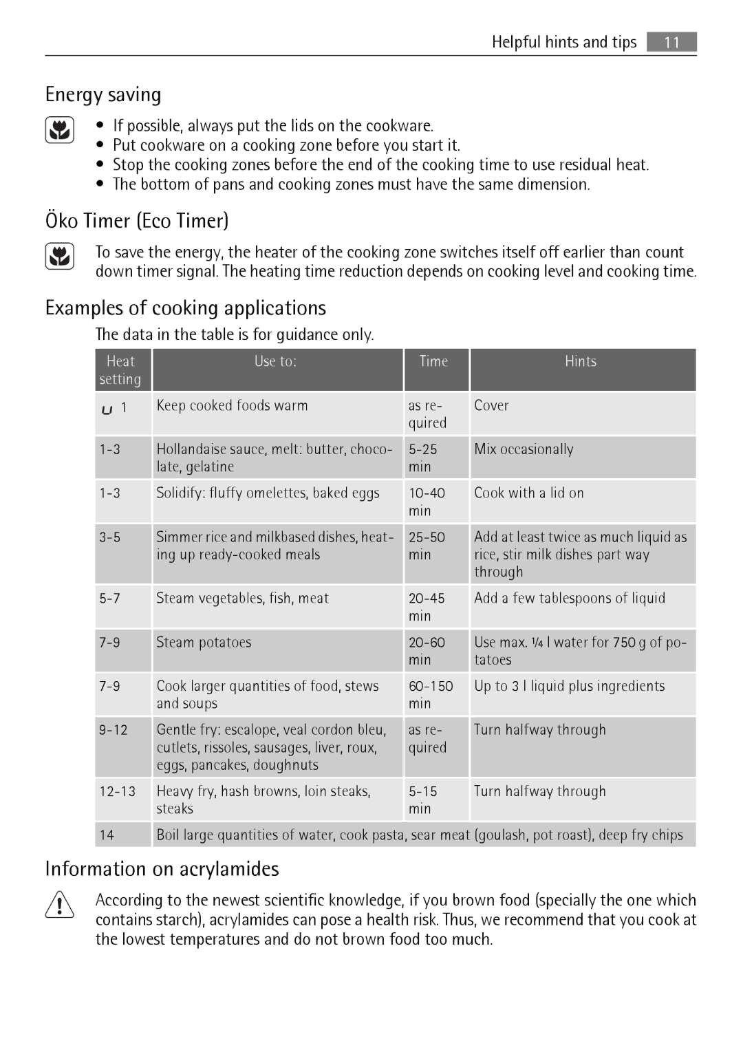 AEG HK854080XB user manual Energy saving, Öko Timer Eco Timer, Examples of cooking applications, Information on acrylamides 