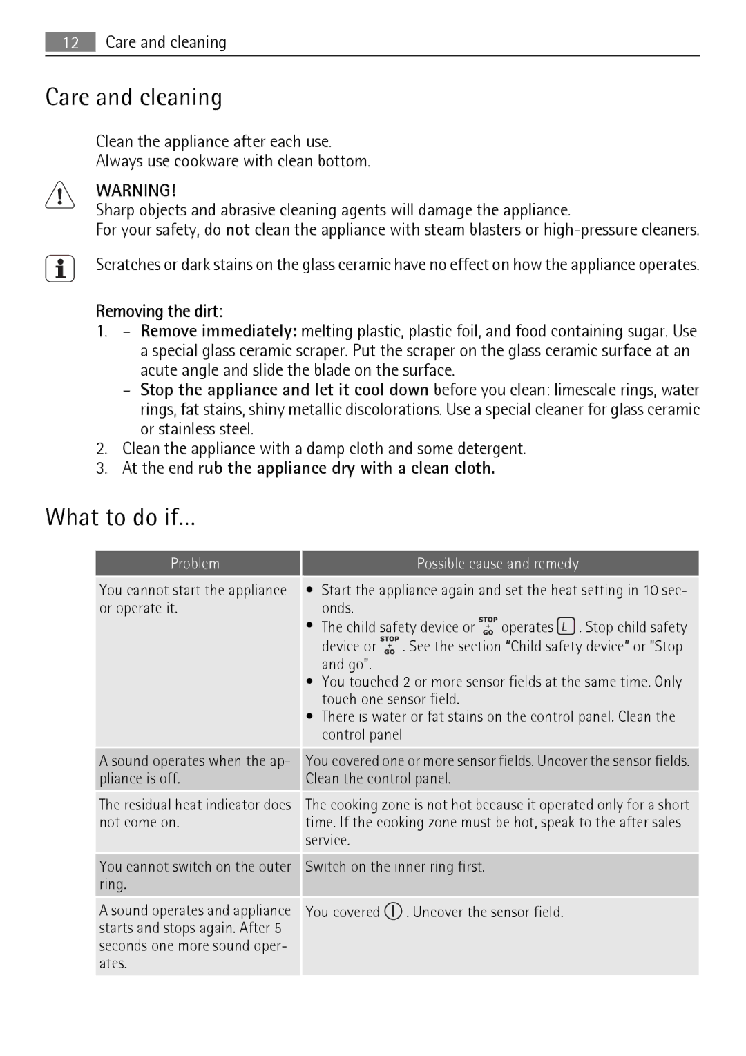 AEG HK854080XB Care and cleaning, What to do if…, Removing the dirt, At the end rub the appliance dry with a clean cloth 