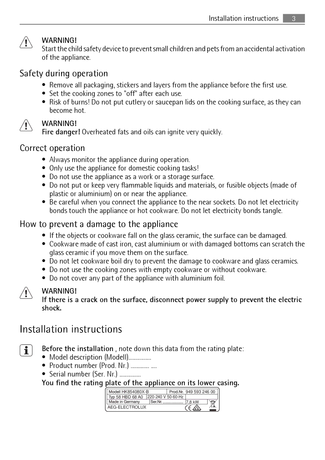 AEG HK854080XB user manual Installation instructions, Safety during operation, Correct operation 