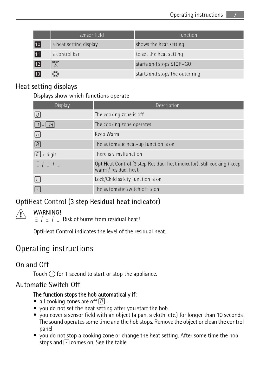 AEG HK854080XB Operating instructions, Heat setting displays, OptiHeat Control 3 step Residual heat indicator, On and Off 