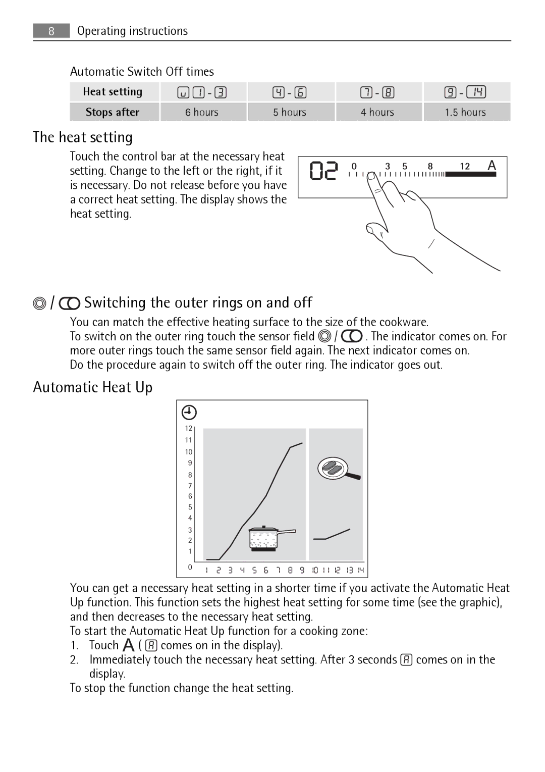 AEG HK854080XB user manual Heat setting, Switching the outer rings on and off, Automatic Heat Up 