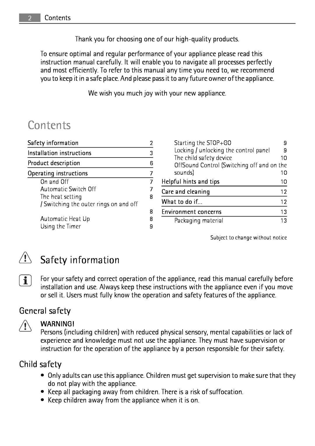 AEG HK854080XB user manual Safety information, General safety, Child safety, Contents 