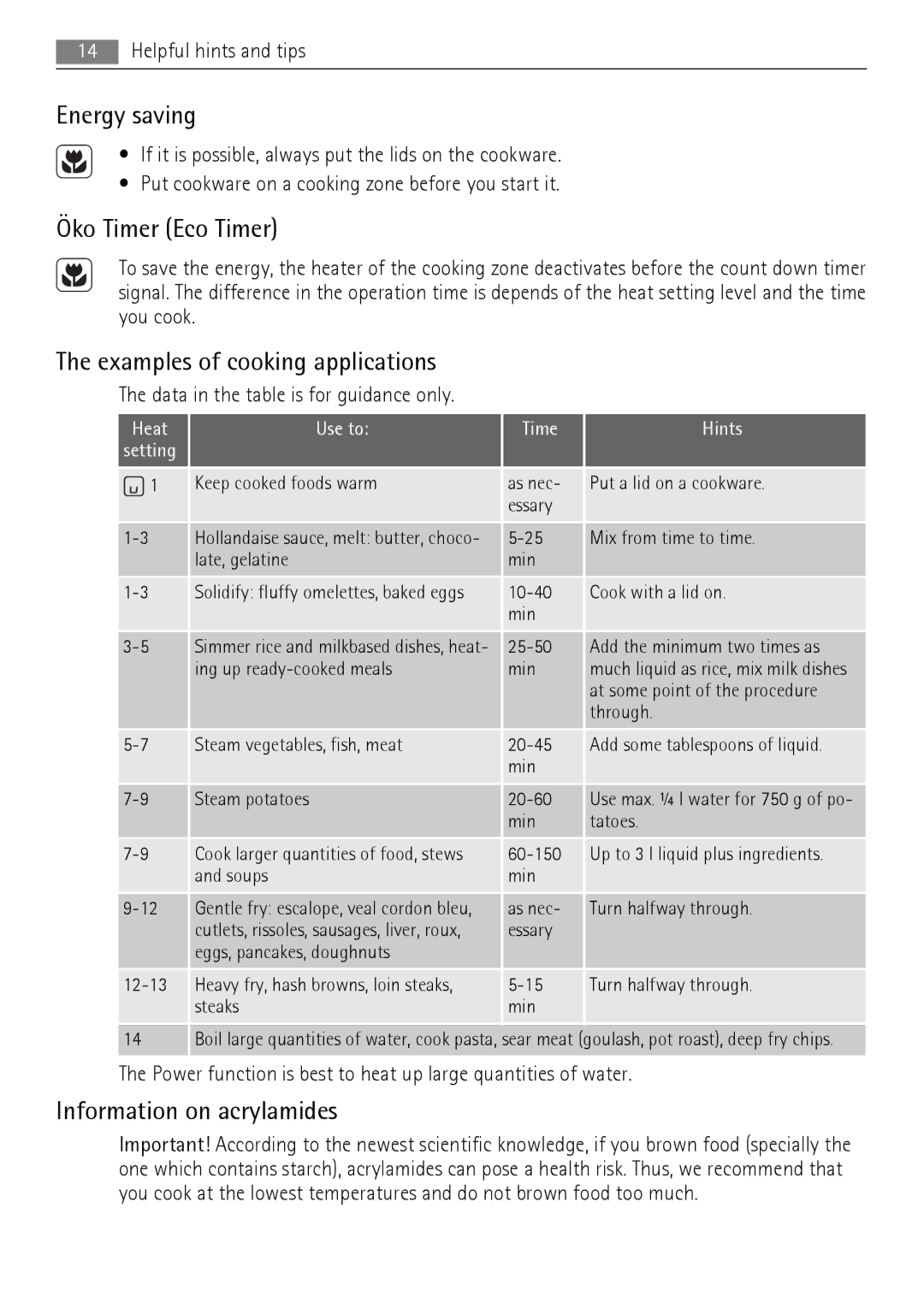 AEG HK854220IB user manual Energy saving, Öko Timer Eco Timer, Examples of cooking applications, Information on acrylamides 