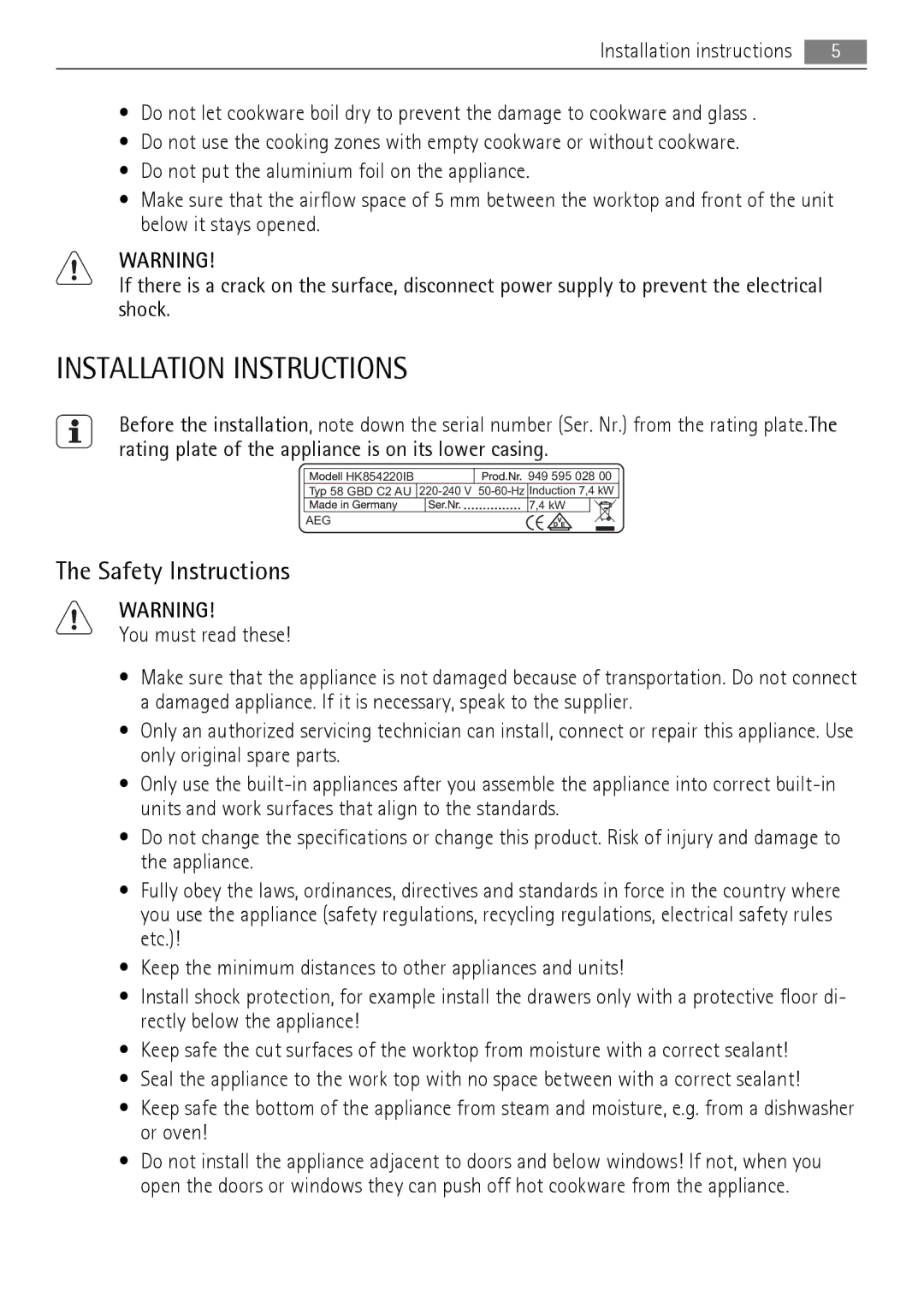 AEG HK854220IB user manual Installation Instructions, Safety Instructions 