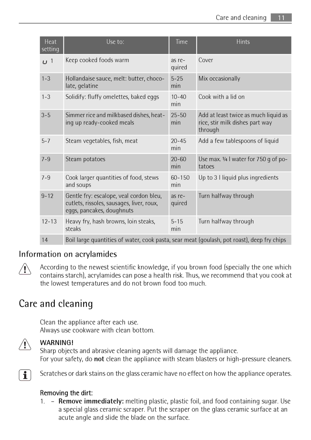 AEG HK995070FB user manual Care and cleaning, Information on acrylamides, Removing the dirt 