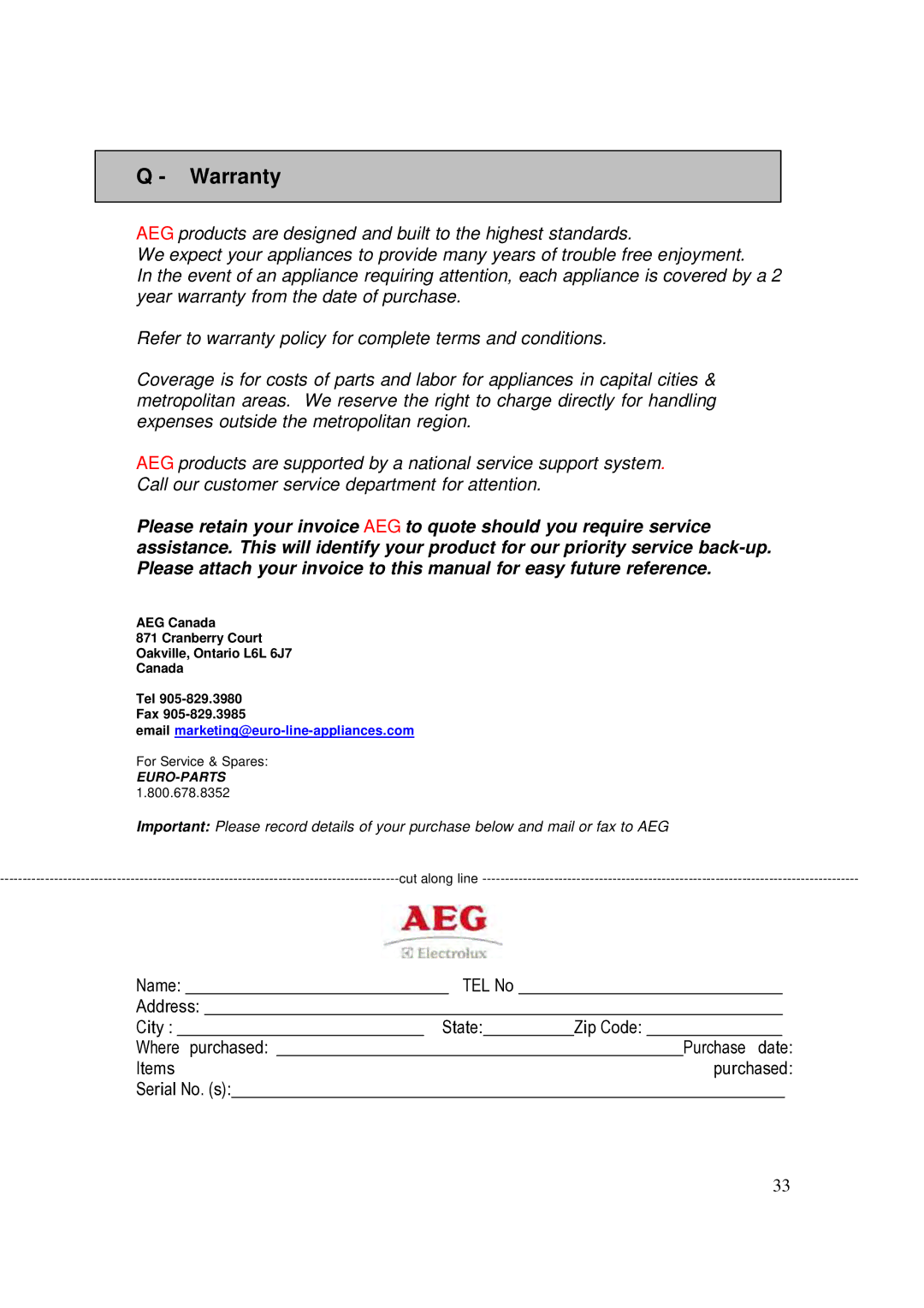 AEG HK995070FB user manual Warranty 