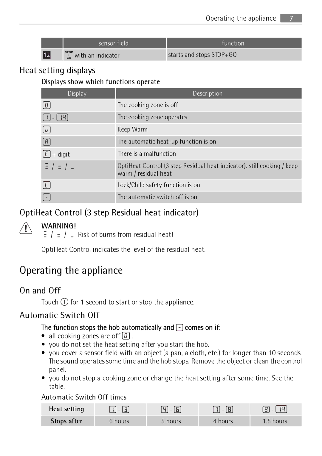 AEG HK995070FB Operating the appliance, Heat setting displays, OptiHeat Control 3 step Residual heat indicator, On and Off 