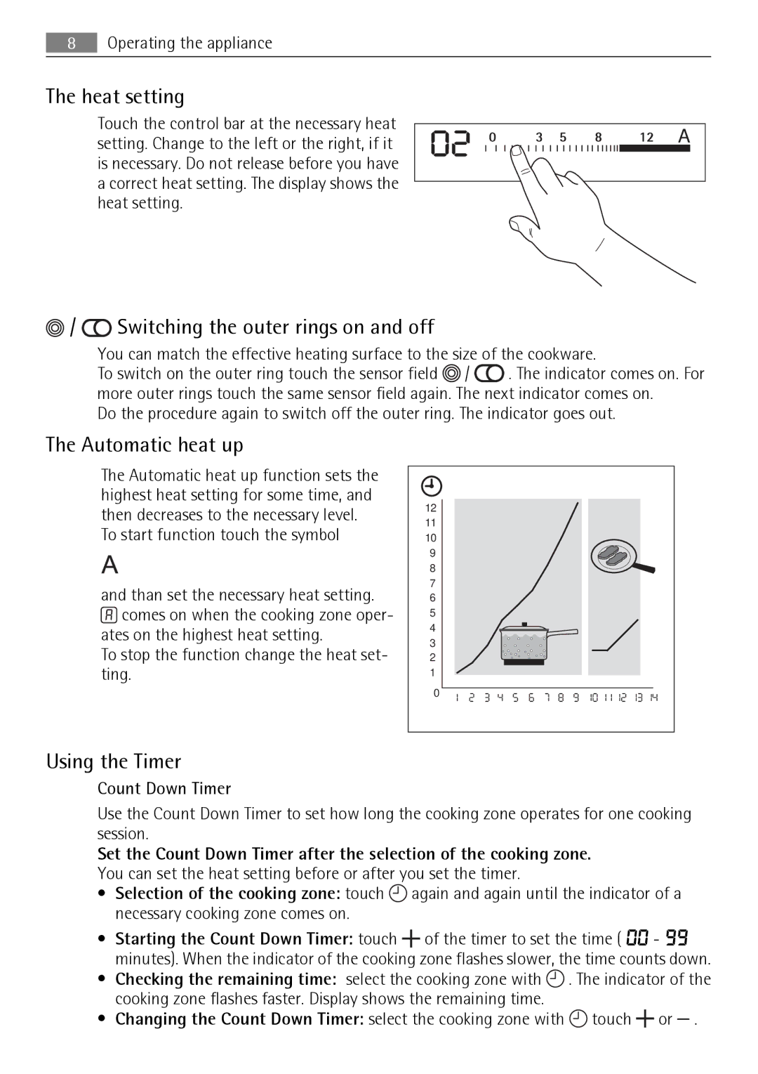 AEG HK995070FB user manual Heat setting, Switching the outer rings on and off, Automatic heat up, Using the Timer 