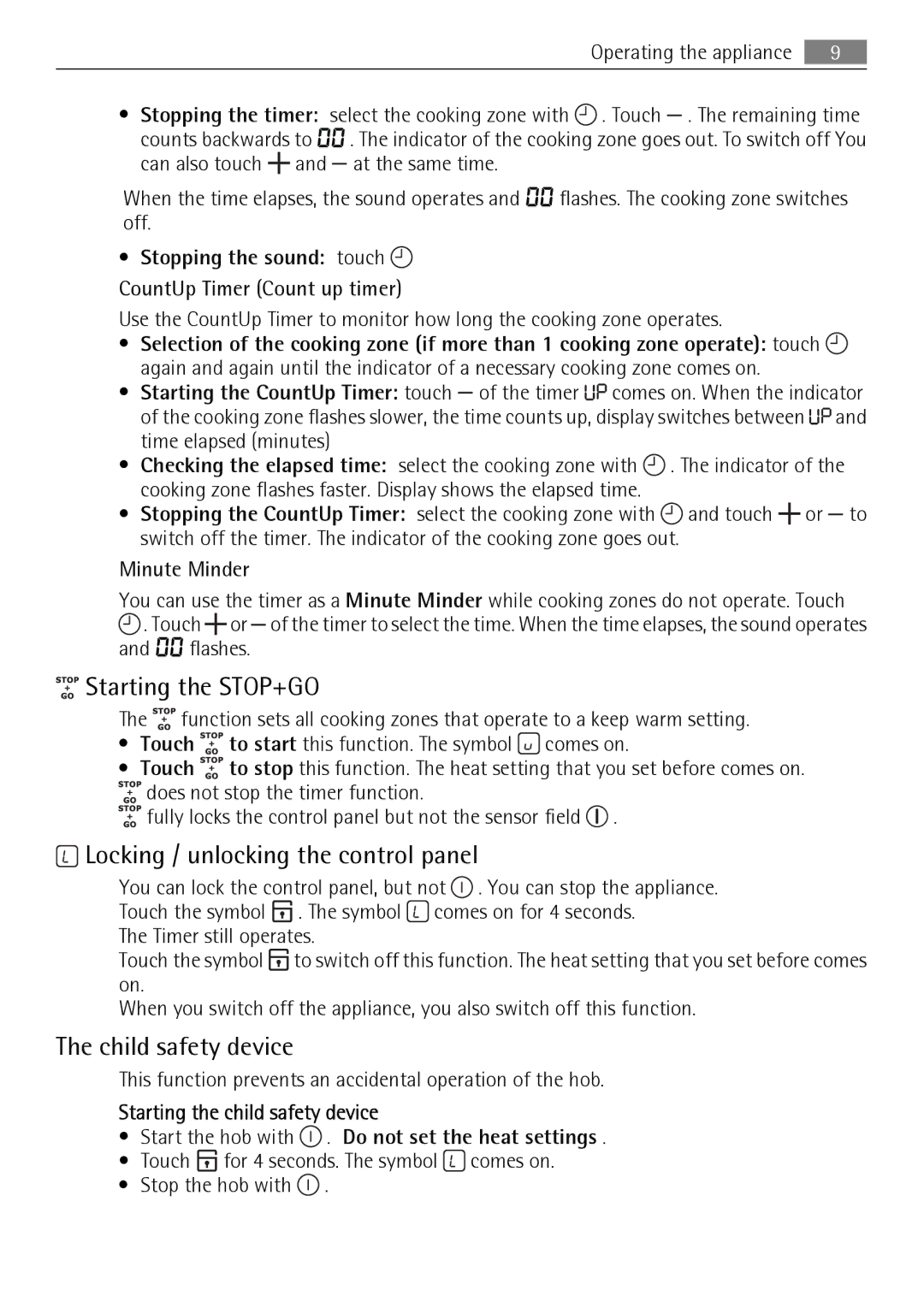 AEG HK995070FB user manual Starting the STOP+GO, Locking / unlocking the control panel, Child safety device 