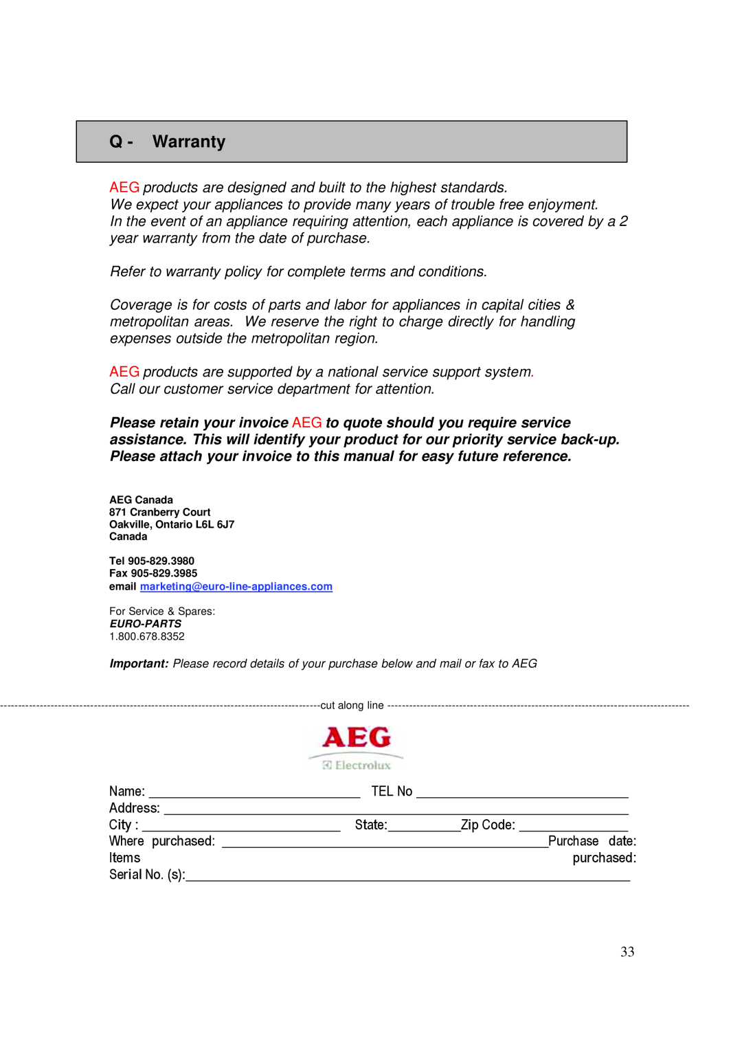 AEG HK995070FB user manual Address, City, State, Items, purchased, Q - Warranty 