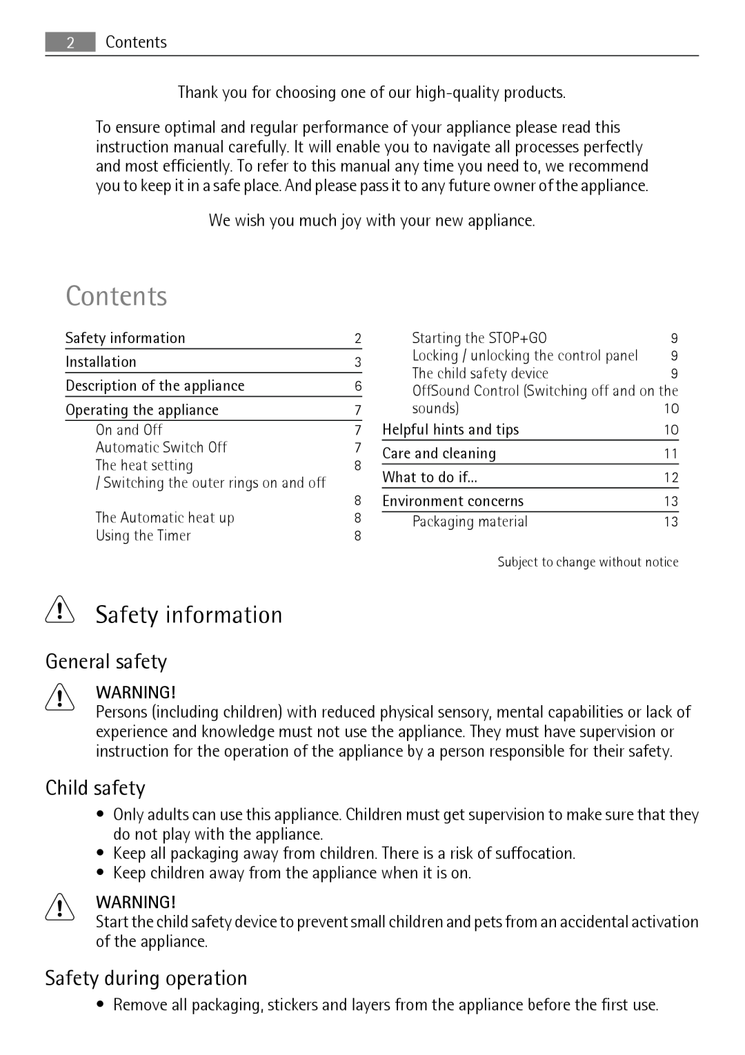 AEG HK995070FB user manual Safety information, General safety, Child safety, Safety during operation, Contents 