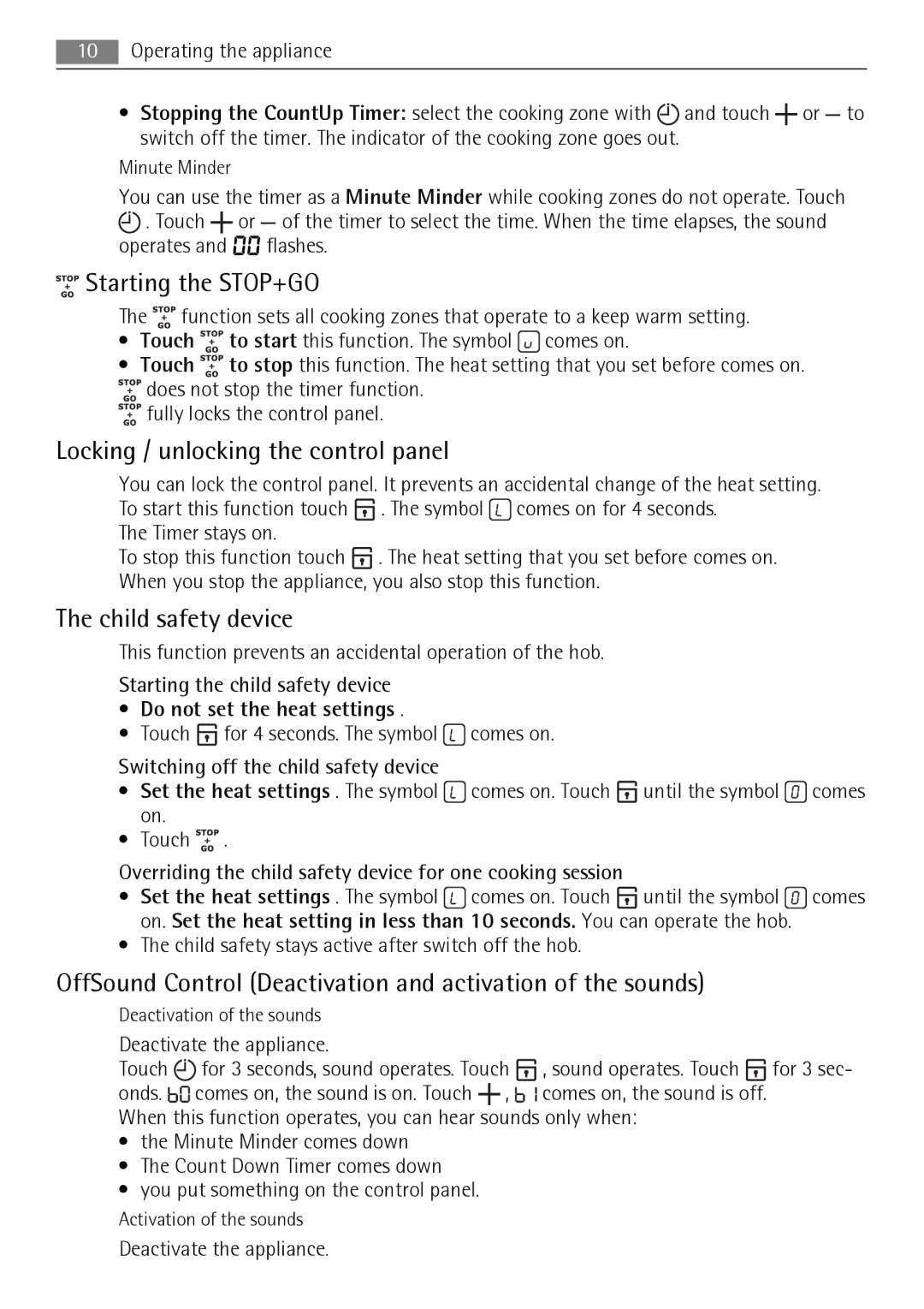 AEG HM834080F-B user manual Starting the STOP+GO, Locking / unlocking the control panel, Child safety device 