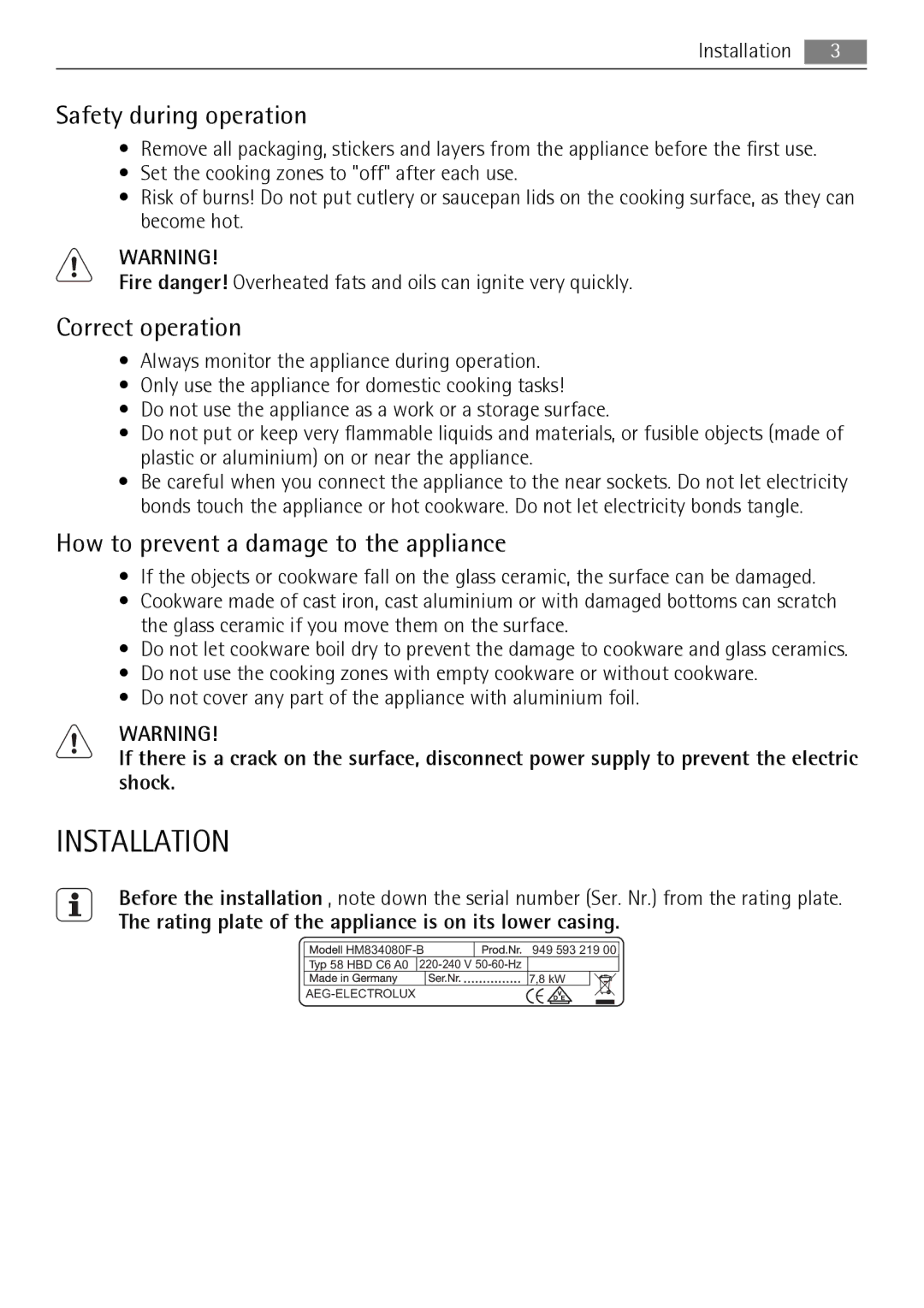 AEG HM834080F-B Installation, Safety during operation, Correct operation, How to prevent a damage to the appliance 