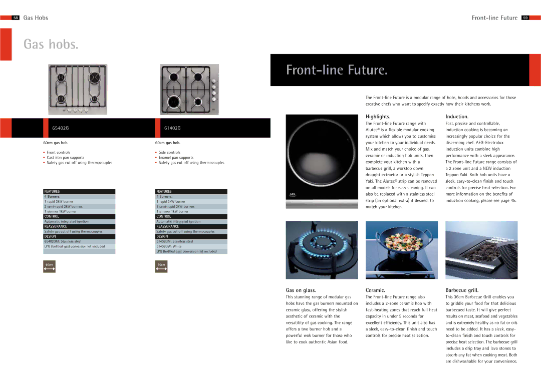 AEG Hobs manual Gas hobs, Front-line Future, Highlights Induction, Ceramic, Barbecue grill 