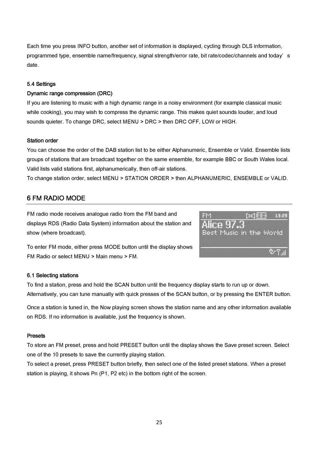 AEG IR 4427 instruction manual FM Radio Mode, Settings Dynamic range compression DRC, Station order 