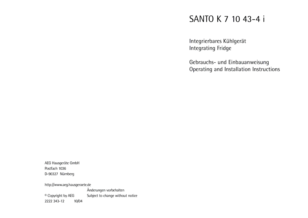 AEG K 7 10 43-4 I installation instructions Santo K 7 10 43-4, 10/04 