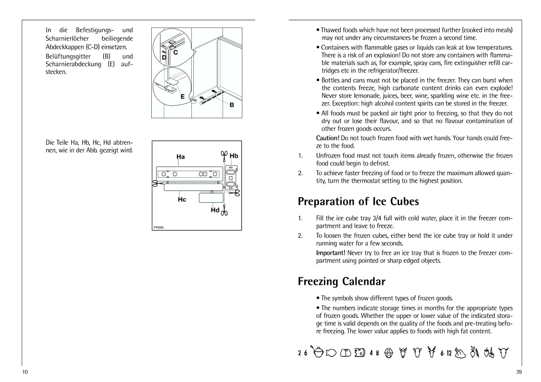 AEG K 7 10 43-4 I installation instructions Preparation of Ice Cubes, Freezing Calendar, Die Befestigungs- und 