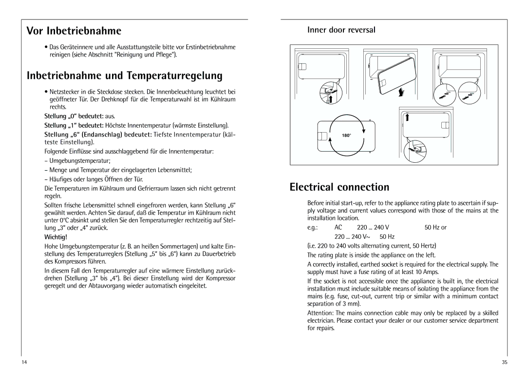 AEG K 7 10 43-4 I Vor Inbetriebnahme, Inbetriebnahme und Temperaturregelung, Electrical connection, Inner door reversal 