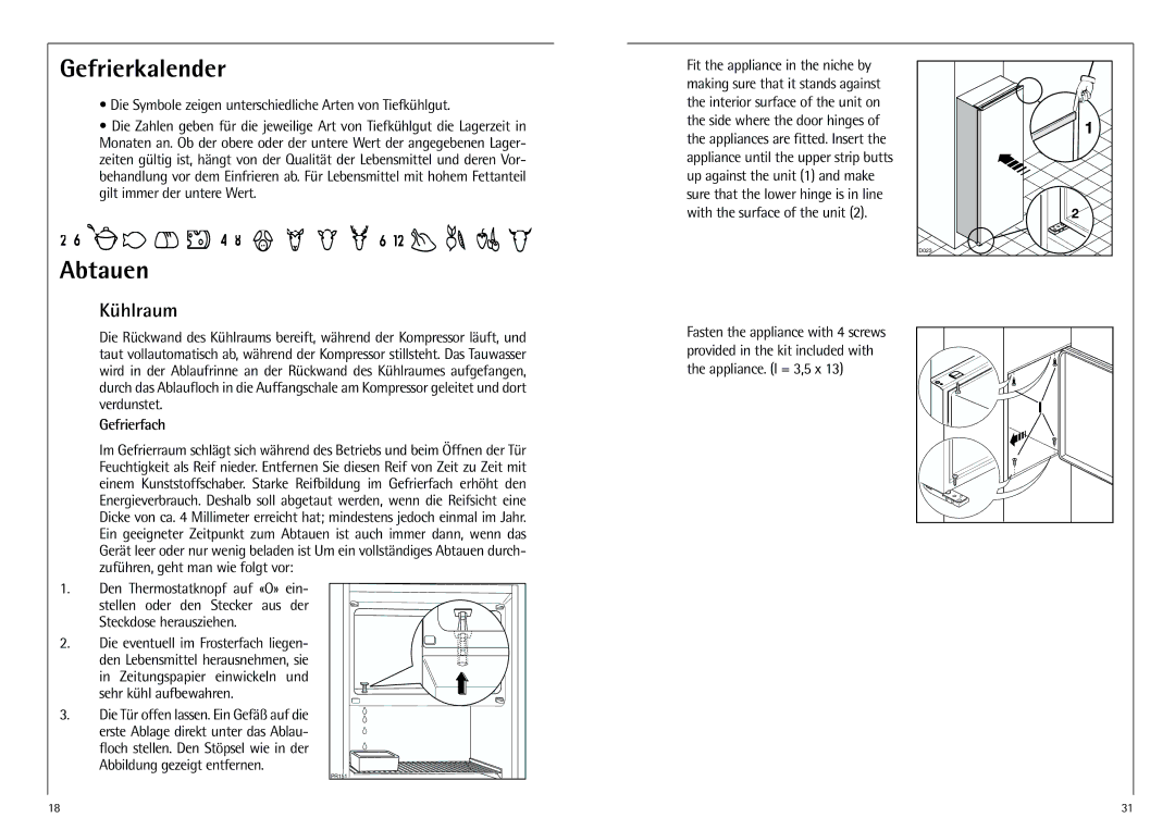 AEG K 7 10 43-4 I Gefrierkalender, Abtauen, Kühlraum, Die Symbole zeigen unterschiedliche Arten von Tiefkühlgut 